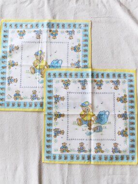 NWT Italian Bear Honey Print Cotton Handkerchief, Set of Two